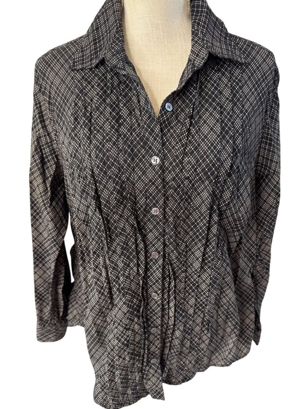 Charter Club Black & White Plaid Button-Up Blouse Size 14 W Long Sleeve Lightwei